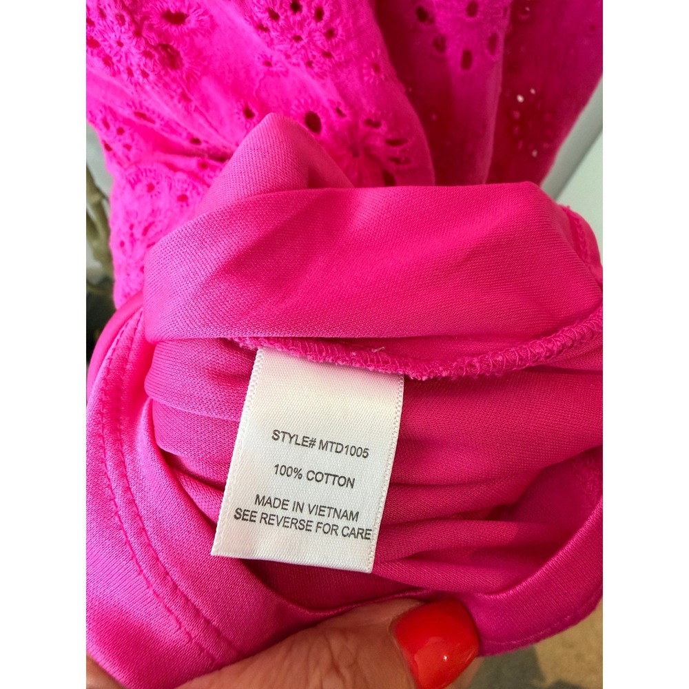 Ryan Michelle Hot Pink Eyelet Lace Mini Dress Cotton Ruffle Tiered Boho M - Picture 6 of 8